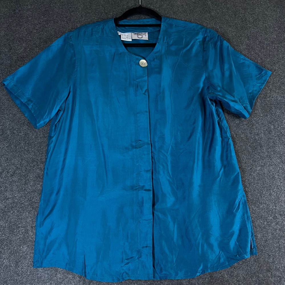 Cervelle Womens Teal Blue 100% Silk Short Sleeve Button Up Blouse Size M Vintage